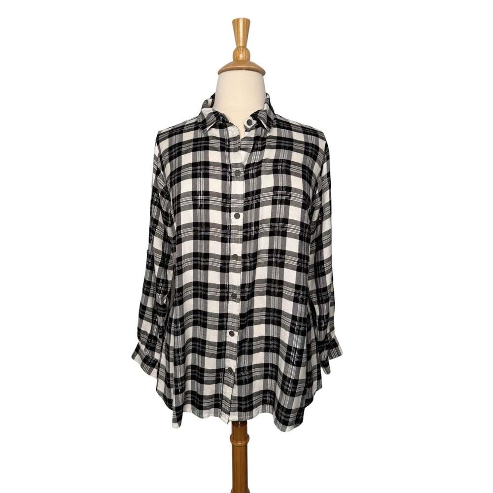Karen Kane Black White Plaid Metallic Lurex Button Down Shirt 1X